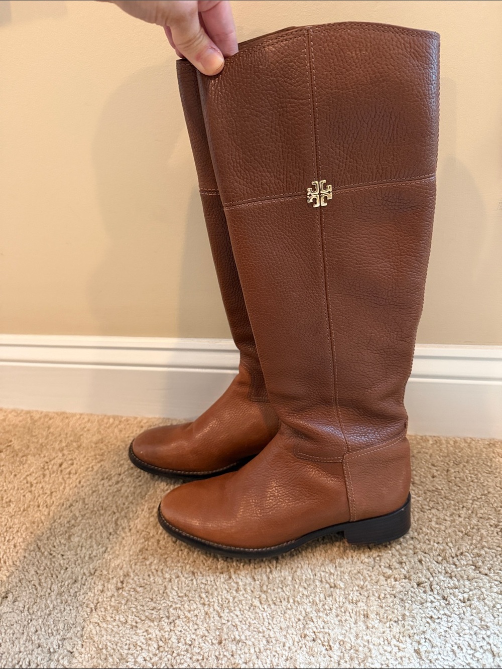 Tory Burch Chestnut Leather Tall Riding Boots with Gold Logo